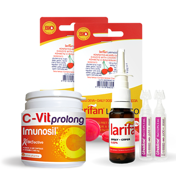 C-Vit Prolong Imunosil®, 90 kapsulas + 2 x Larifan LARYNGO ar ķiršu garšu + Larifan Spray